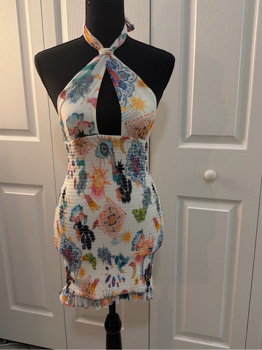 AFRM White Multicolor Halter Smocked Mini Dress
